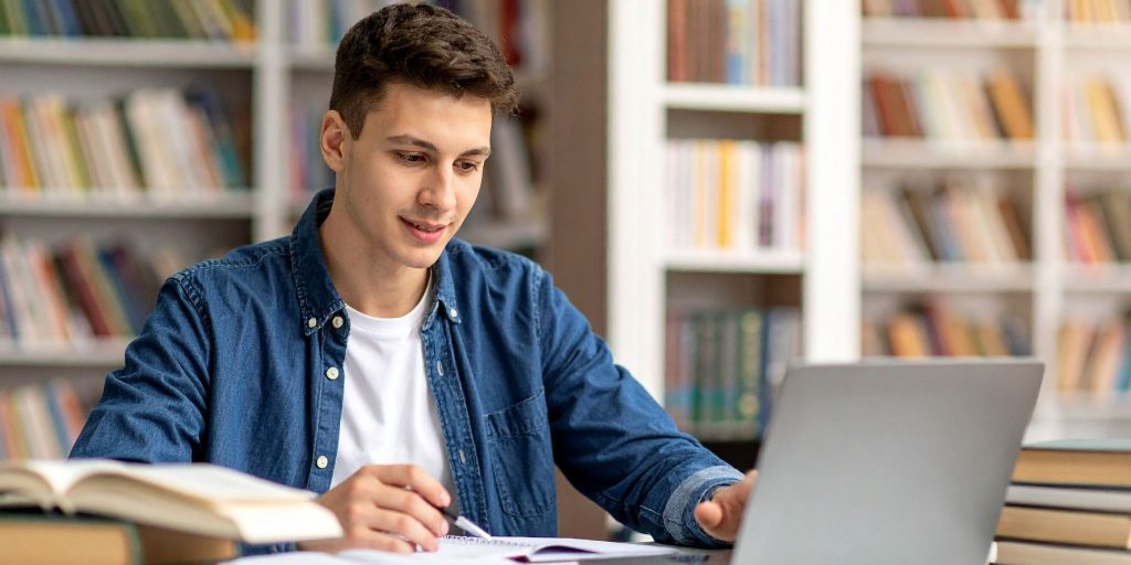 Teen in library working on laptop with pencil in hand and notebook and books on table.
