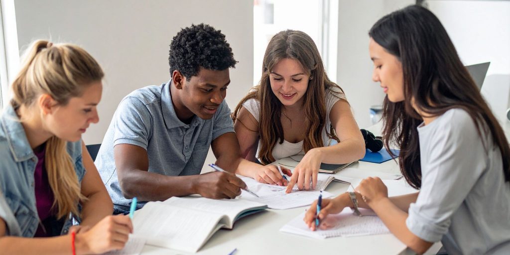 College students in library studying together at table with books open