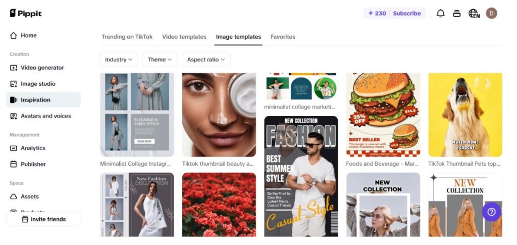 Pippit interface with images and templates.