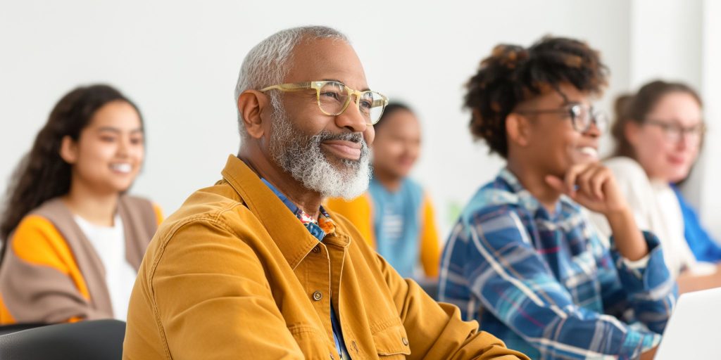 older gentleman smiling and listening to an instructor in classroom