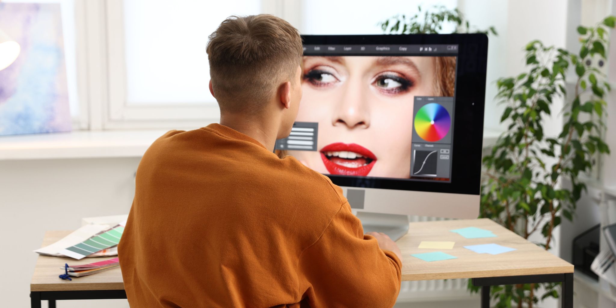 Person sitting at laptop in golden orange shirt working on colors on closeup of fashion model's face.