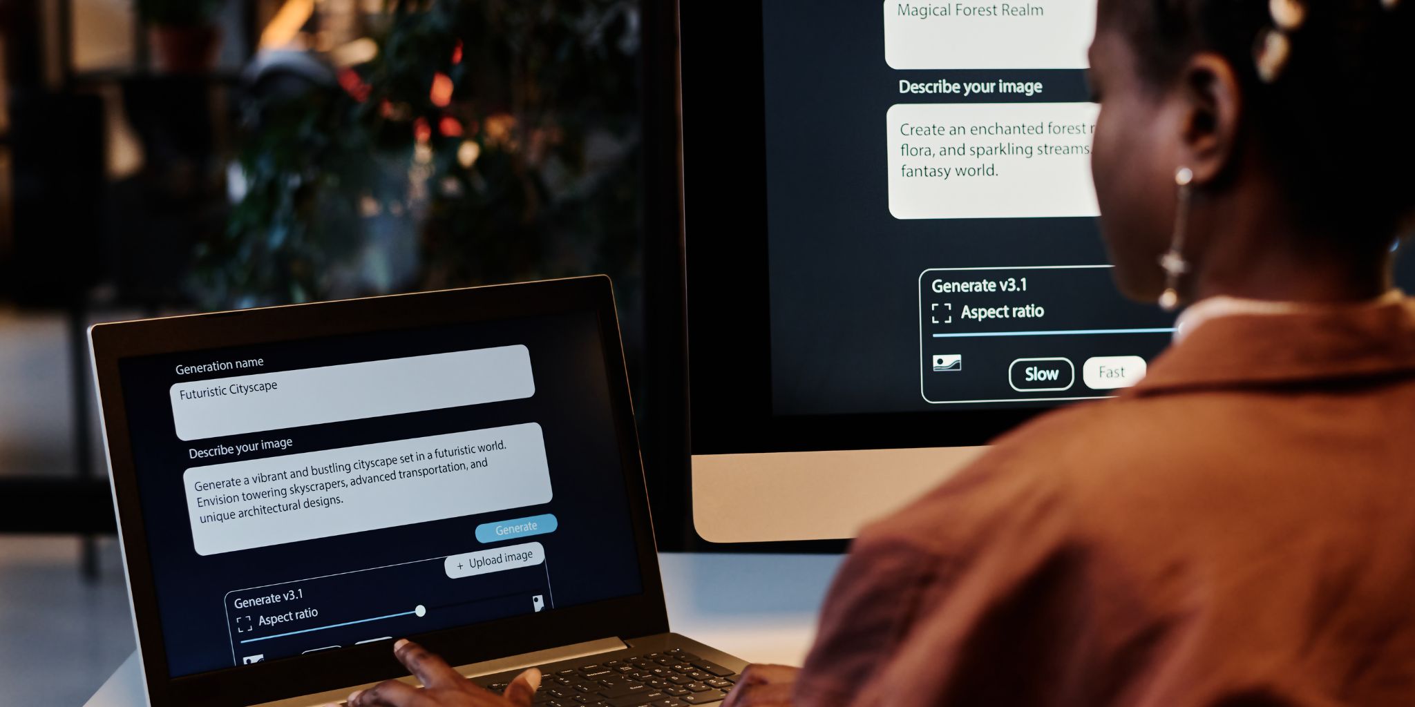 Person with their back to camera working on a laptop writing requests on AI image platform.