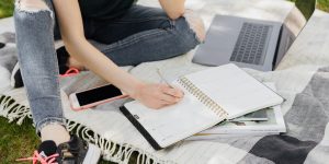 Closeup of person writing in notebook next to laptop on picnic blanket outdoors.