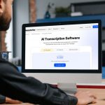 Closeup of a person sitting at a laptop with a screen that says "AI Transcription Software"