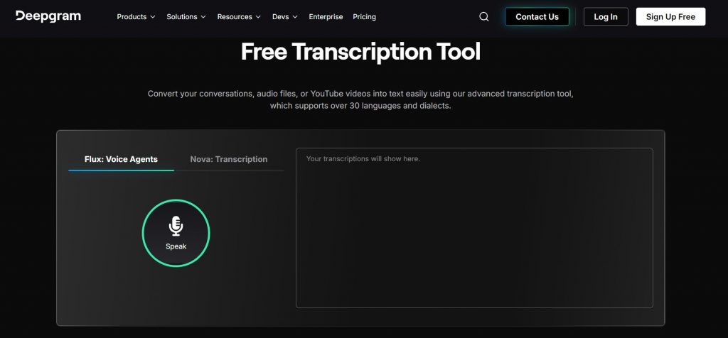 Screengrab of black Deepgram homepage with white text that says "Free ...