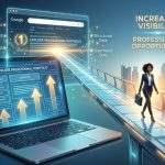 Graphic of a business woman walking on a runway with laptop graphics depicting increased visibility and components of SEO ranking.