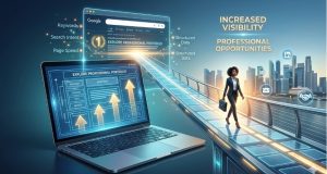 Graphic of a business woman walking on a runway with laptop graphics depicting increased visibility and components of SEO ranking.