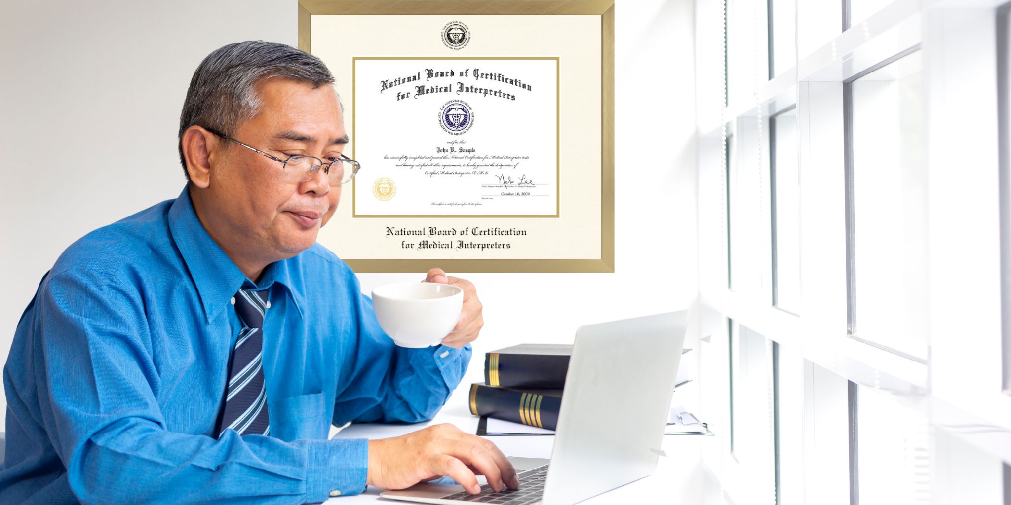 Man working at desk on computer with coffee cup in one hand and a National Board of Certification For Medical Interpreters Certificate Frame on the wall behind him.