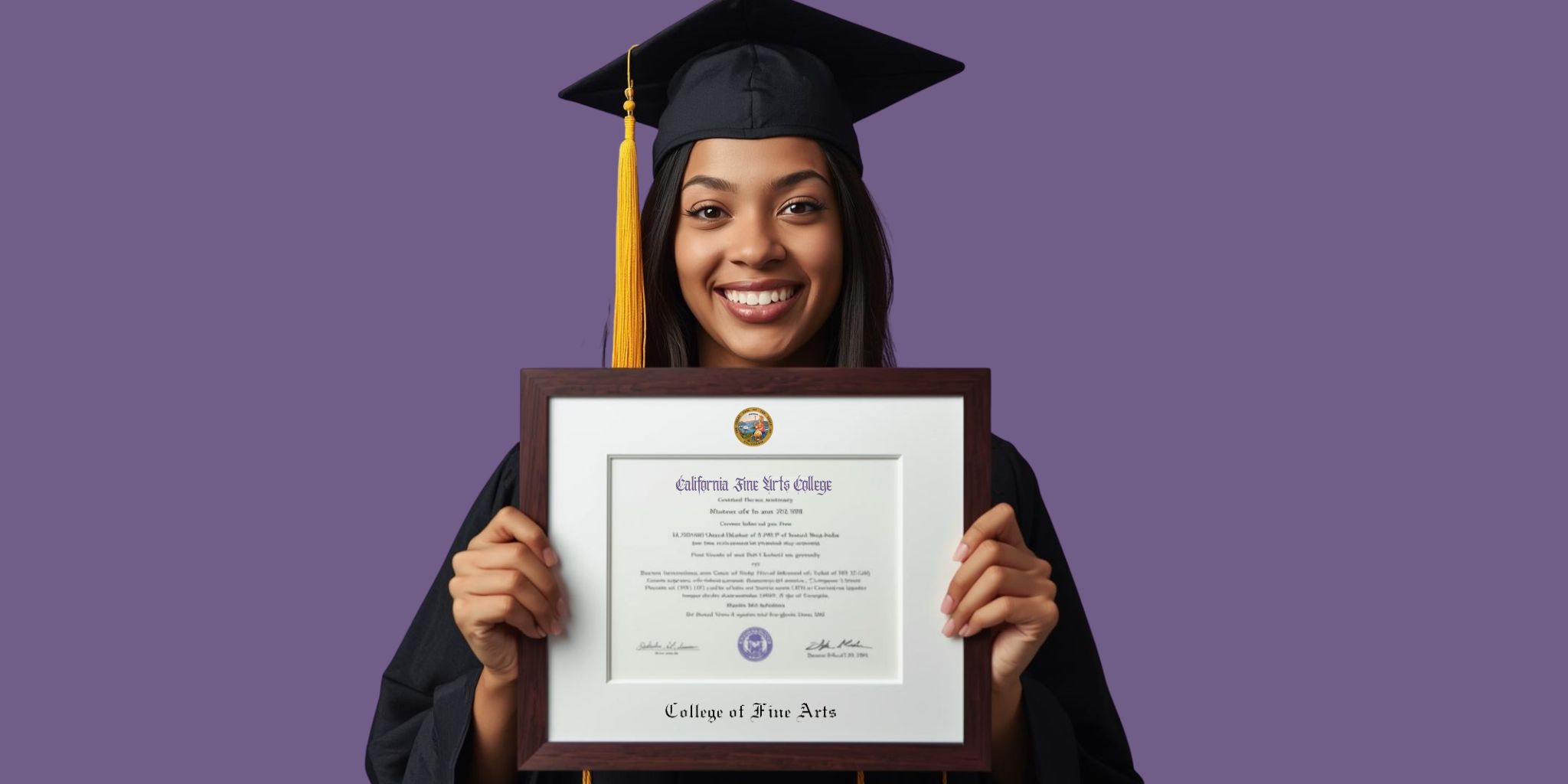 Graduate in a cap and gown against a purple background holding a College of Fine Arts diploma frame with white matting and black embossing.