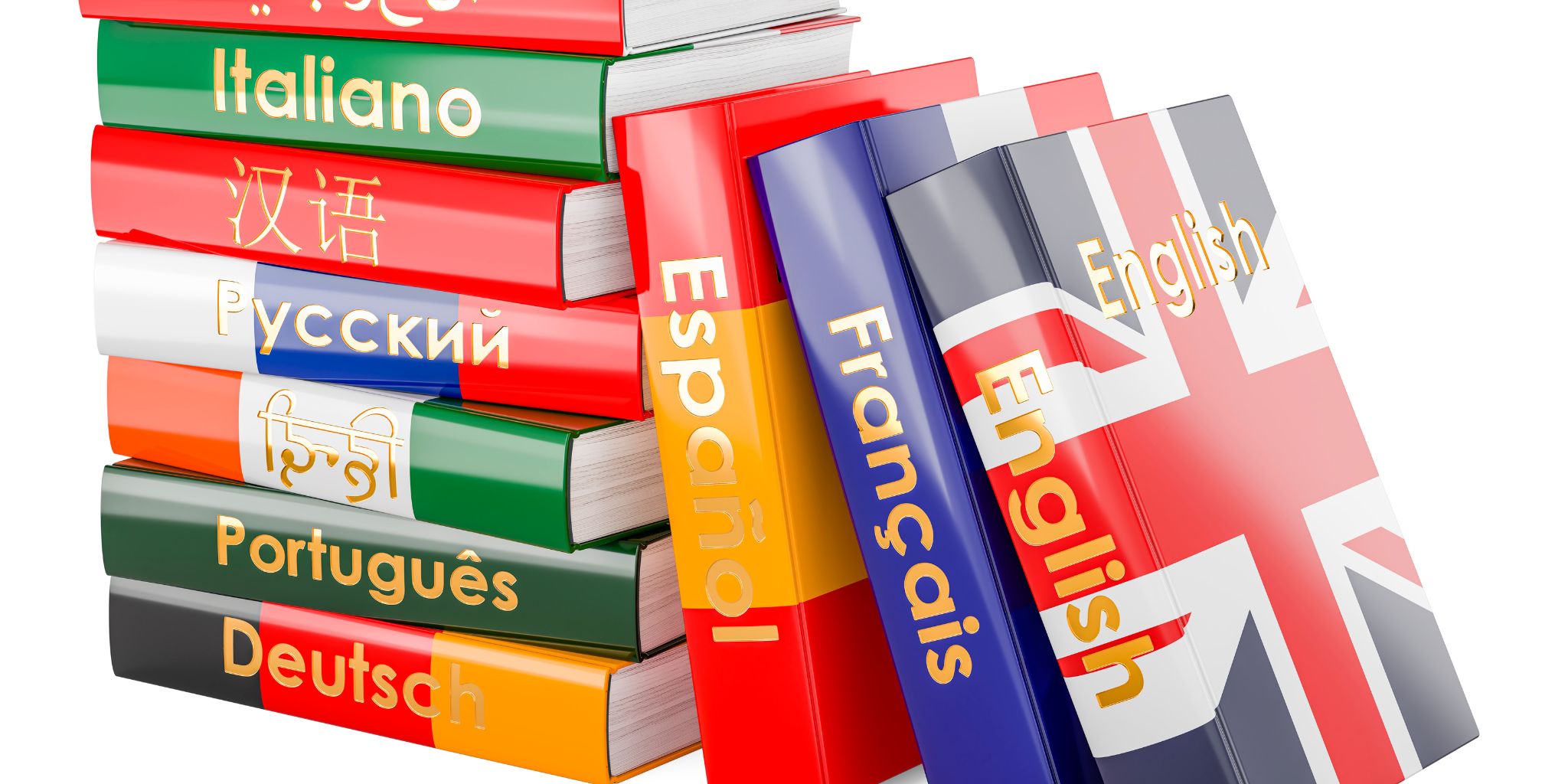Collection of language textbooks with spines that read English, Francais, Espanol, Italiano, Deutsch, and more.