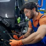 Mechanic wearing gloves and goggles working on a car.