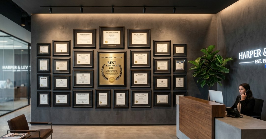 Waiting room with upscale gray wall featuring a collection of framed credentials and business awards with person answering phone at desk nearby.