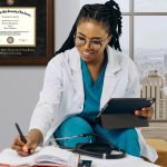 Nurse working at desk writing notes and wearing aqua scrubs in office with a Rutgers School of Nursing degree frame on wall behind her.