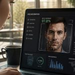 Closeup of person working on laptop with facial recognition technology working on face of man. Text on laptop screen says "Face Recogition" and "Identity Match John D. Williams" with demographic info.