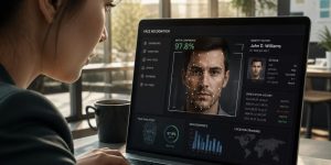 Closeup of person working on laptop with facial recognition technology working on face of man. Text on laptop screen says "Face Recogition" and "Identity Match John D. Williams" with demographic info.