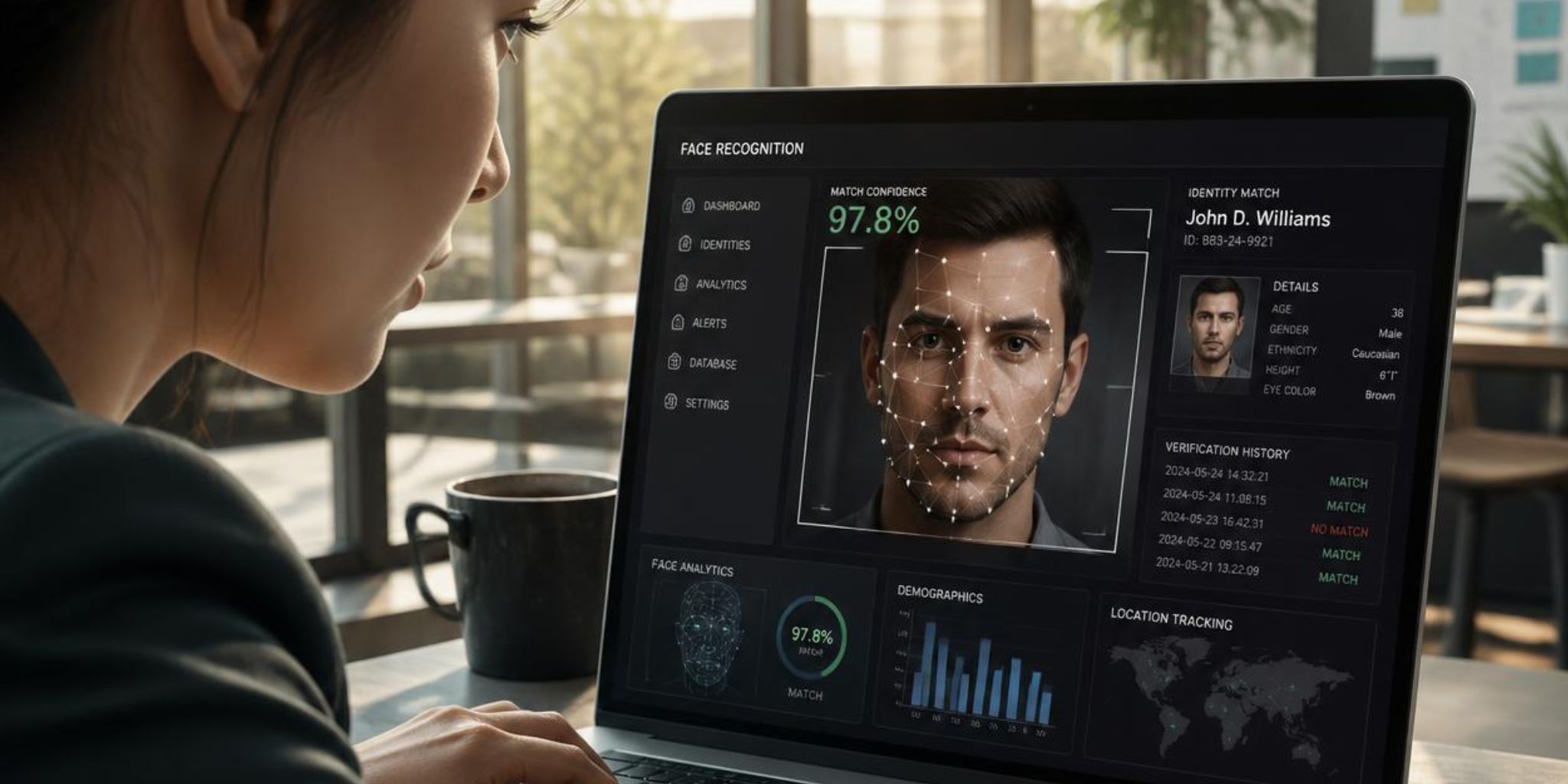 Closeup of person working on laptop with facial recognition technology working on face of man. Text on laptop screen says "Face Recogition" and "Identity Match John D. Williams" with demographic info.