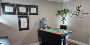 Collection of diploma frames in a home office with a desk, bonsai plant, and a wall sign that says "TS Therapy Services Morgan Hill".
