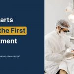 Oral surgeon and assistant in scrubs performing oral surgery on patient in chair with text that reads "Trust Starts Before the First Appointment".