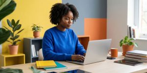 Woman in blue sweater in colorful office working on her laptop at her desk.