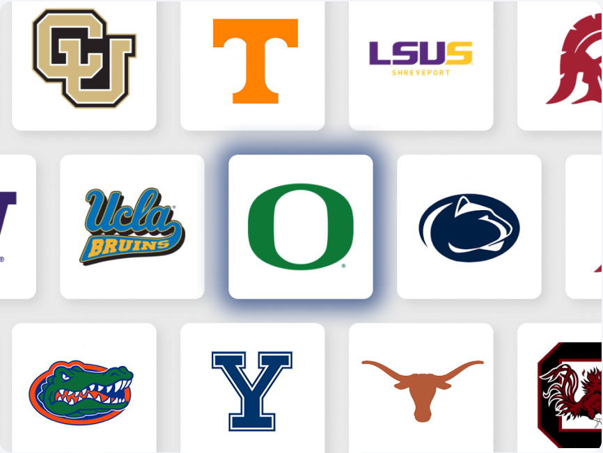 Grid of college logos including Texas, LSU, Oregon, Penn State, UNC, Michigan, and others
