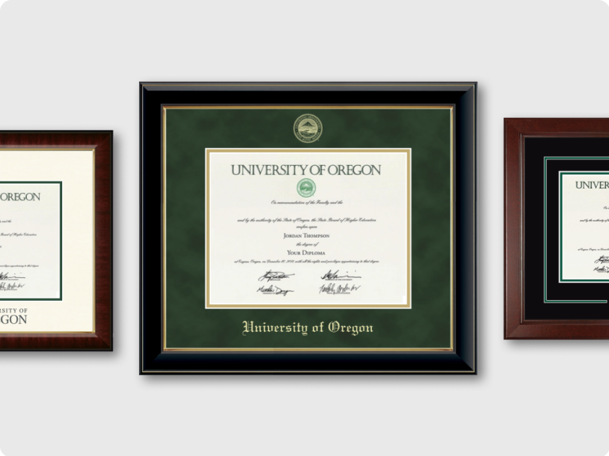 Diploma frame with green and gold mat featuring University of Oregon