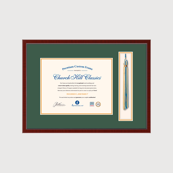 Custom diploma frame with a dark green mat and rich wood finish, featuring a certificate on the left and a vertical tassel display on the right.