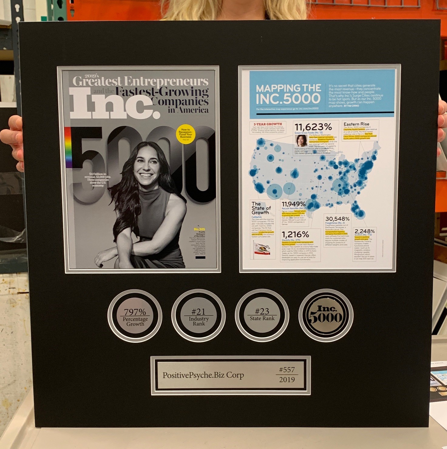 Large framed display featuring Inc. 5000 magazine pages, company growth statistics, and recognition medallions mounted on a black background.