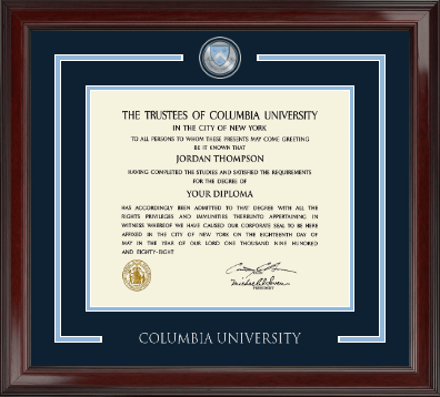 Columbia University diploma frame with elegant medallion accent and school branding