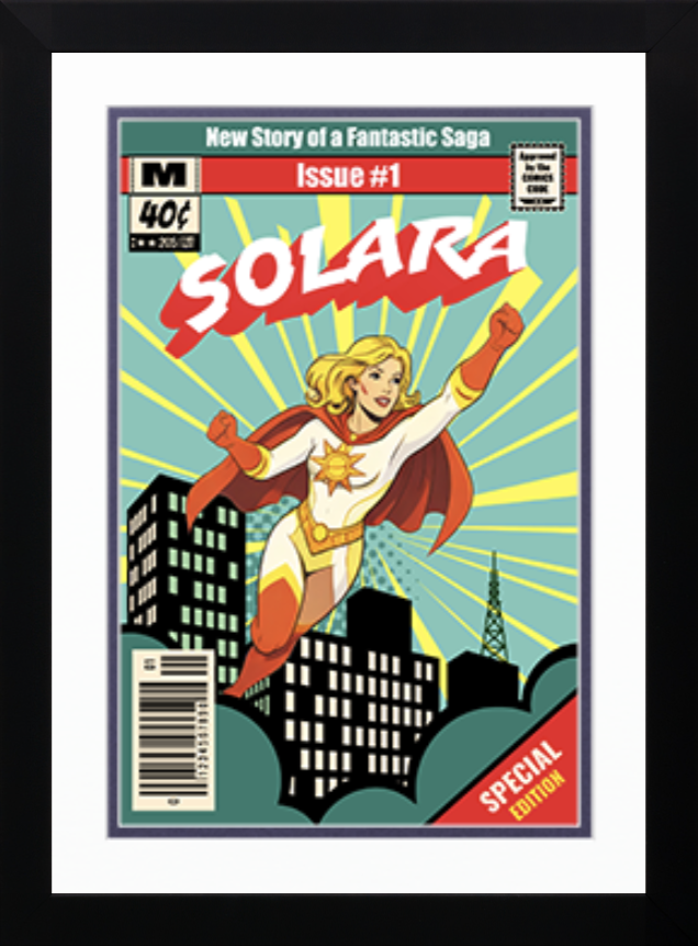 Framed retro-style comic book cover featuring a blonde superhero flying above a city skyline with the title ‘Solara.’