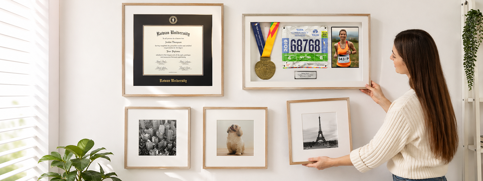 Woman hanging a black-and-white Eiffel Tower print on a gallery wall that also displays a Rowan University diploma, a marathon medal shadow box, and other custom frames.