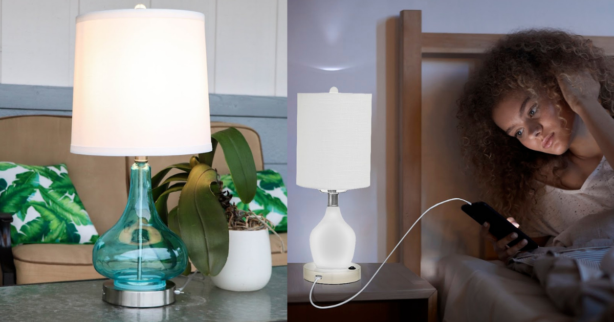 a blue lamp and an LED lit lamp on tables