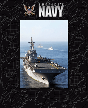 Decorative ‘America’s Navy’ photo frame displaying an aircraft carrier at sea, set within a black military-themed border.