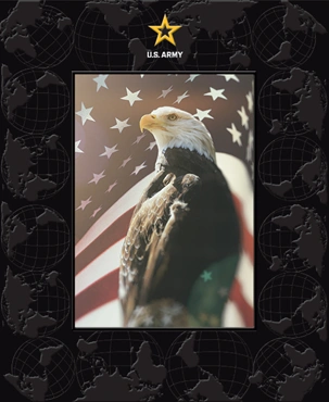 Decorative U.S. Army photo frame featuring a bald eagle in front of an American flag, surrounded by a military-themed border.