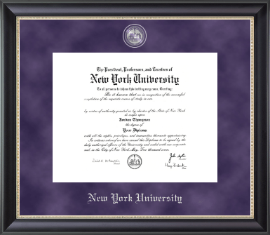 Elegant New York University diploma frame with gold embossed seal
