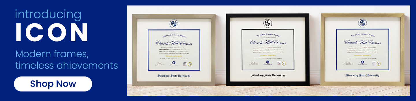 Banner ad promoting new modern frame style ICON. Shows the frame with black, light champagne, and chardonnay colored moulding. Shop Now.