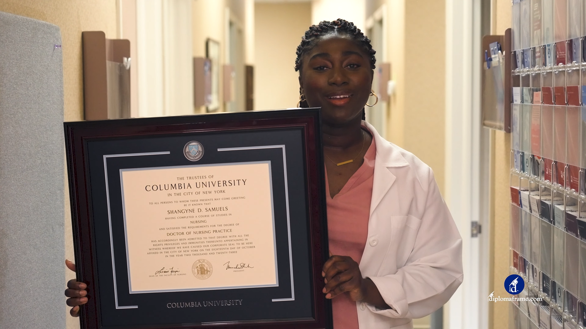 Verified customer photo for Shangyne S., sharing their experience with Church Hill Classics diploma frames, next to a play icon (video thumbnail)