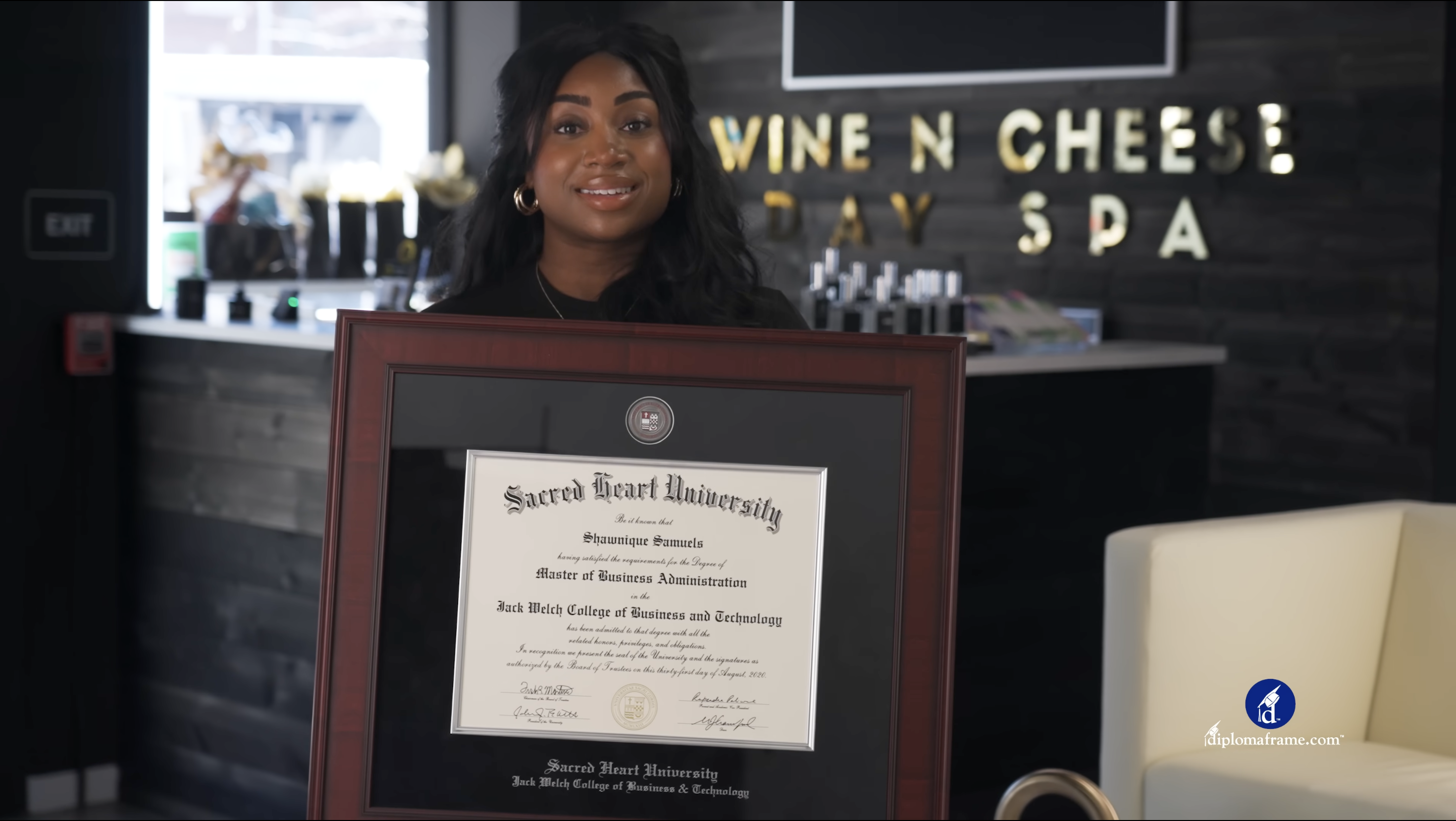 Verified customer photo for Shawnique S., sharing their experience with Church Hill Classics diploma frames, next to a play icon (video thumbnail)
