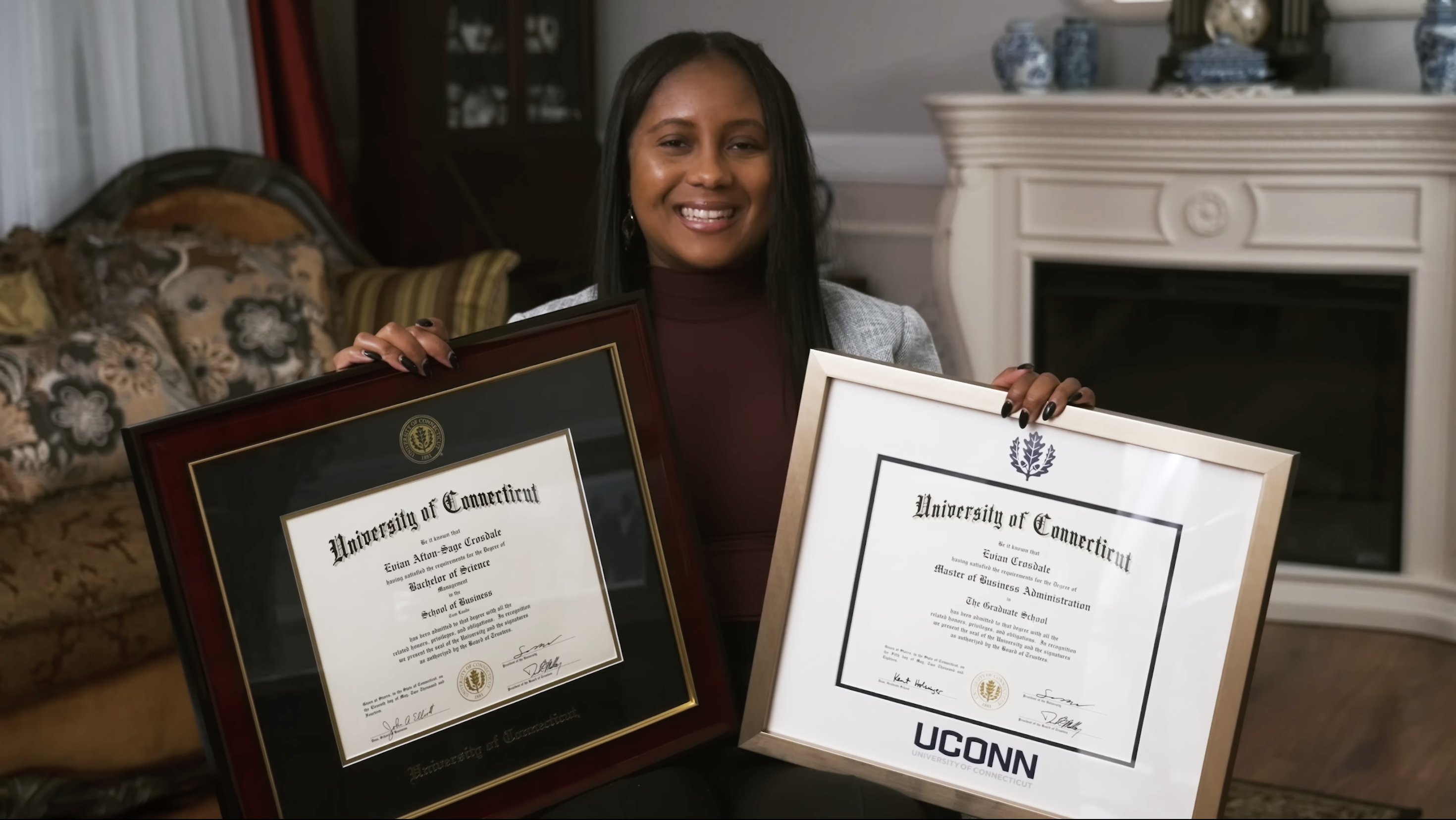 Verified customer photo for Evian C., sharing their experience with Church Hill Classics diploma frames, next to a play icon (video thumbnail)