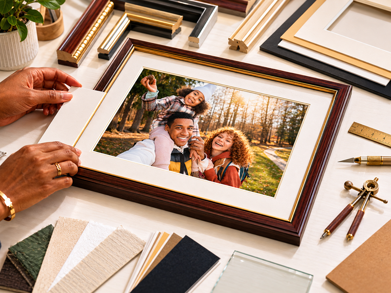 Hands assembling a framed family photograph on a worktable surrounded by frame samples, mat boards, glass, and measuring tools.