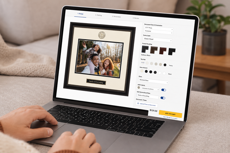 Person using a laptop to customize a framed family photo online, with options for frame style, matting, and personalization visible on the screen.