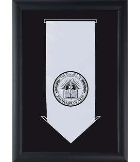 white graduation stole in shadow box frame