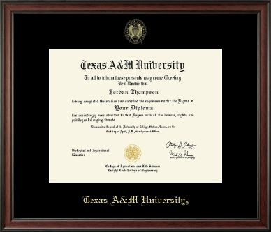 Texas A&M University diploma frame with gold embossed school name