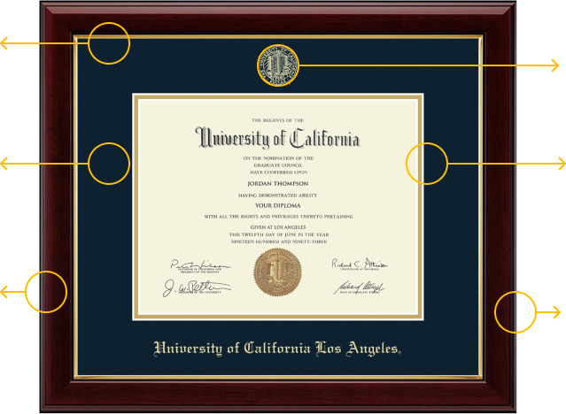 University of California diploma in a black frame with navy and gold mats, mounted against a white background
