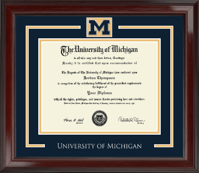 University of Michigan diploma frame with spirit medallion detail