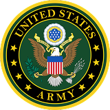 Official seal of the United States Army featuring a bald eagle, shield, arrows, olive branch, and stars on a green circular background.