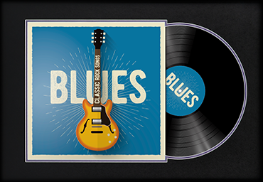 Illustrated blues music album cover with a yellow electric guitar and partially visible vinyl record on a black background.