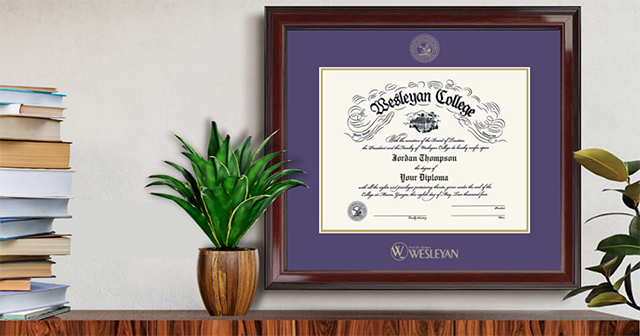 Wesleyan diploma frame in office