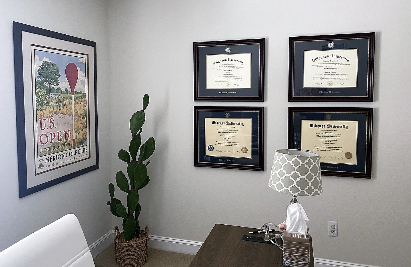Widener and Villanova Frames hanging on wall