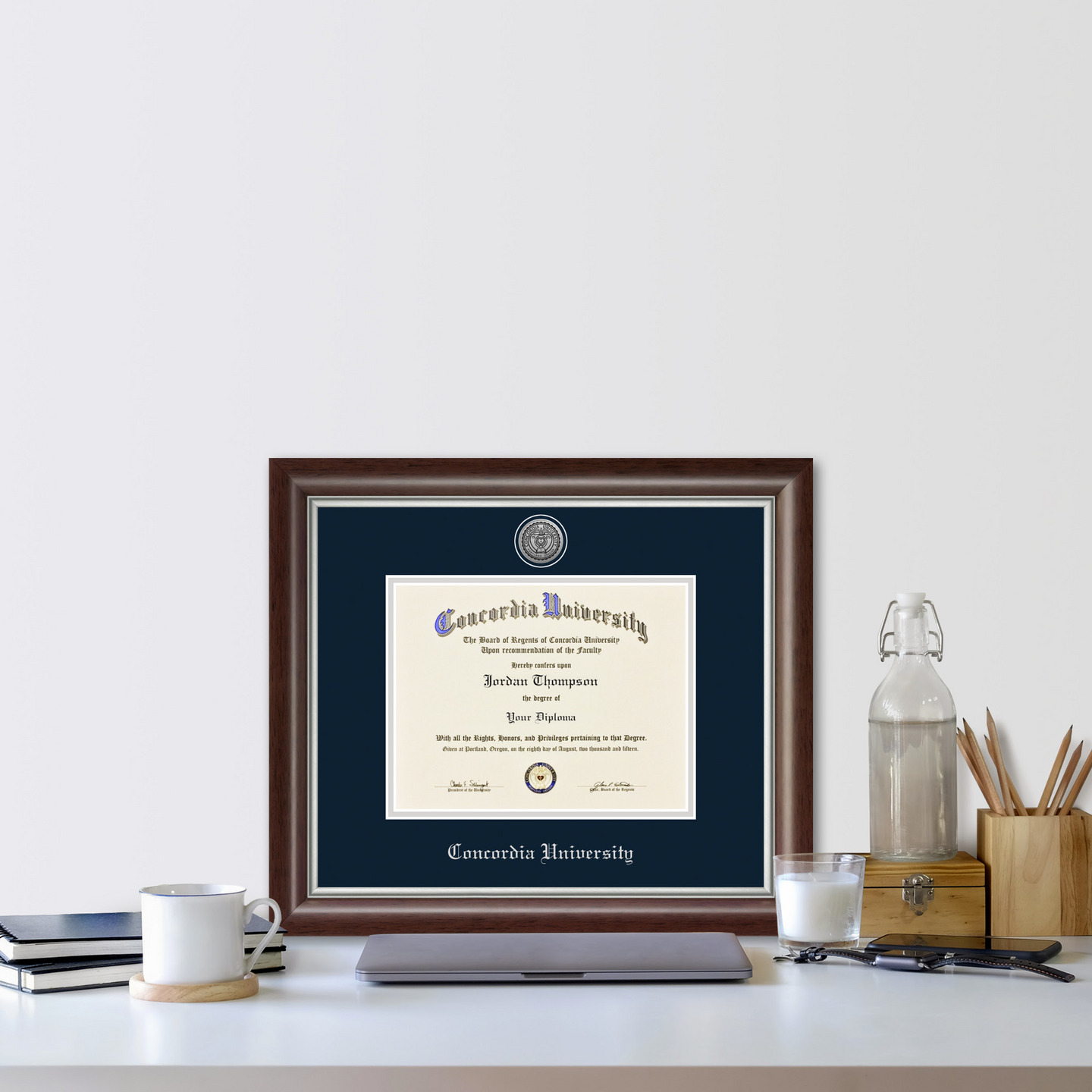 Concordia University Portland Silver Engraved Medallion Diploma Frame