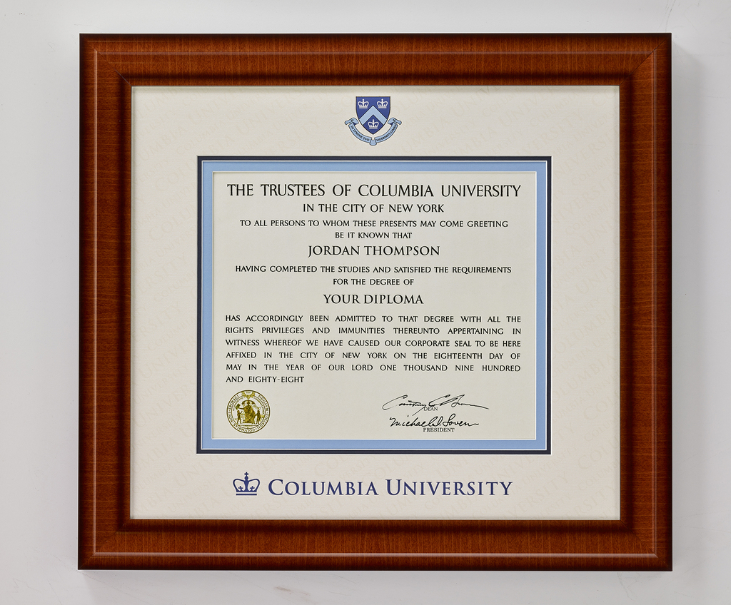 Columbia diploma frame closeup